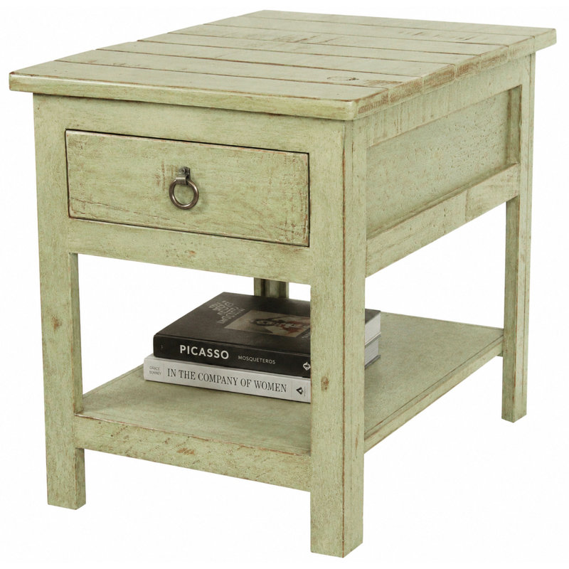 Canales Solid Wood End Table with Storage, Rustic Aquamarine