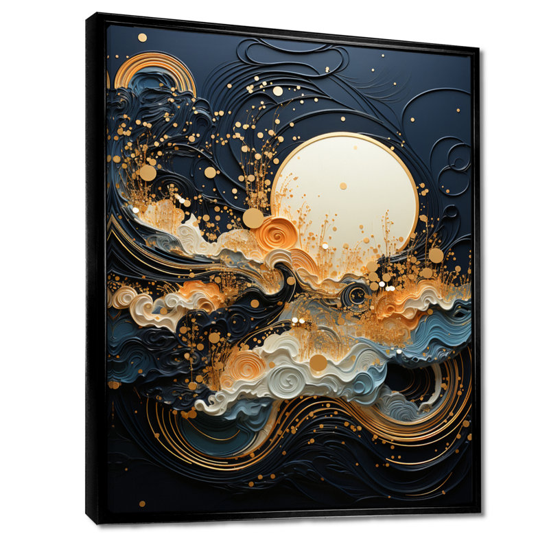 Pleine lune dorée levant les vagues de l'océan I - Paysage abstrait, art mural, salon, Toile avec cadre flottant noir