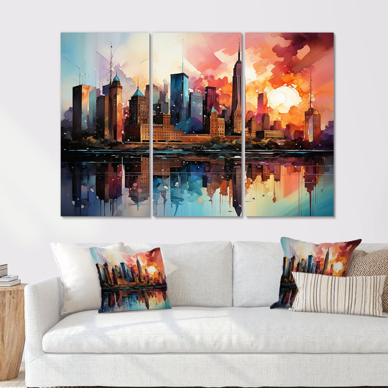 Skyscrapers Sunrise City, peinture - ensemble de salon d'art mural gratte-ciel, Toile tendue, H 32 po x l 48 po x P 1 po