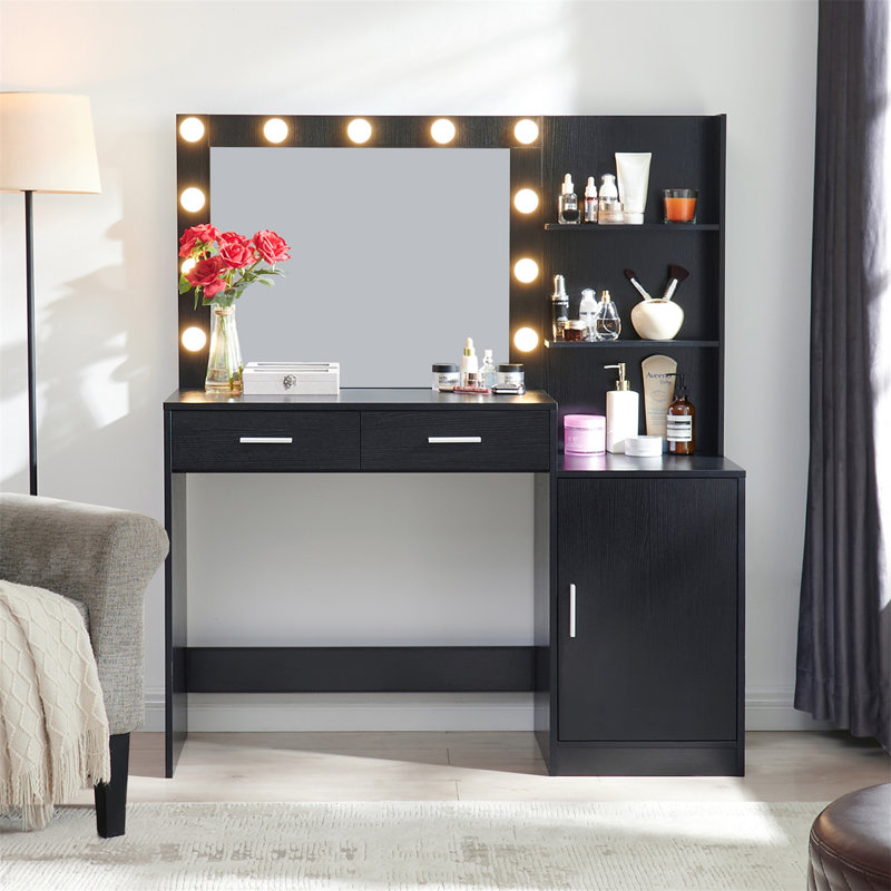 Bureau de coiffeuse avec miroir et lumières, Noir