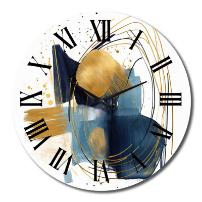 Dark Blue And Gold Strokes XVI Metal Wall Clock