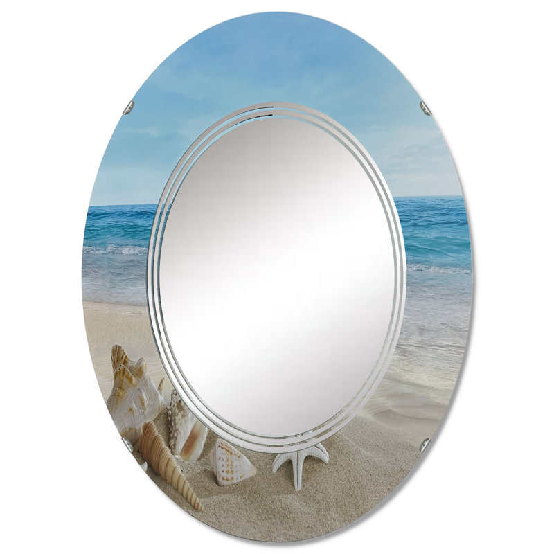 Coastal Wall Mirror, Tropical Beach Shell Decorative Mirror - Landscape With Shells On Tropical Beach, 30" x 20"