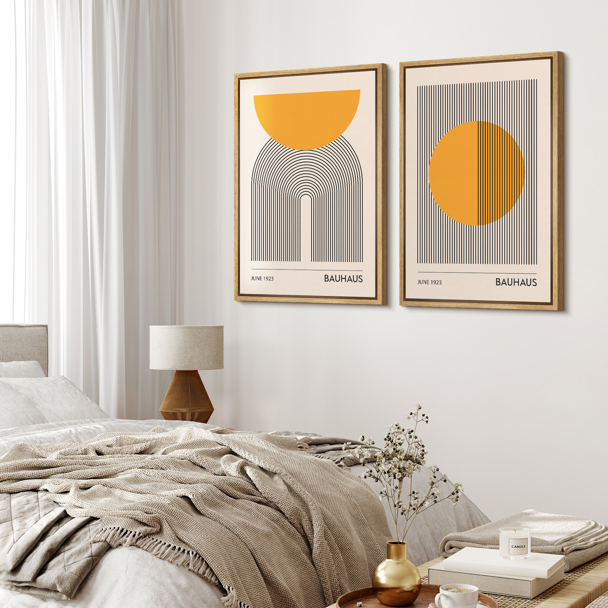 Mid Century Modern Boho Bauhaus Solar Sun Abstract Art Decor Framed On Canvas 2 Pieces Print, Natural Floater Framed