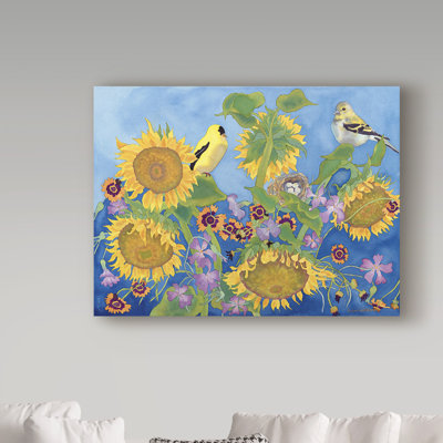'Goldfinches with Sunflowers' Watercolor Painting Print on Wrapped Canvas