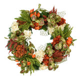 27" Assorted Hydrangea Wreath With Ranunculus, Heather And Ribbon