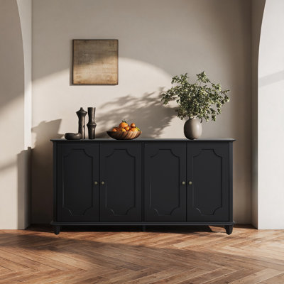 Buffet de style campagnard vintage, 160 x 35,5 x 91,5 cm, en bois massif et MDF, monobloc, noir, avec portes cintrées, idéal pour l'entrée, le salon ou la cuisine.