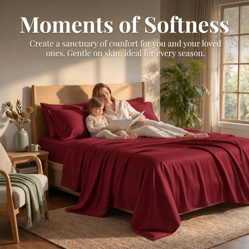 Ensemble de draps en coton 4 pièces pour lit Queen Size, draps respirants et rafraîchissants, literie douce inspirée des hôtels, draps de luxe bordeaux avec poches profondes de 40 cm, infroissables et faciles d'entretien