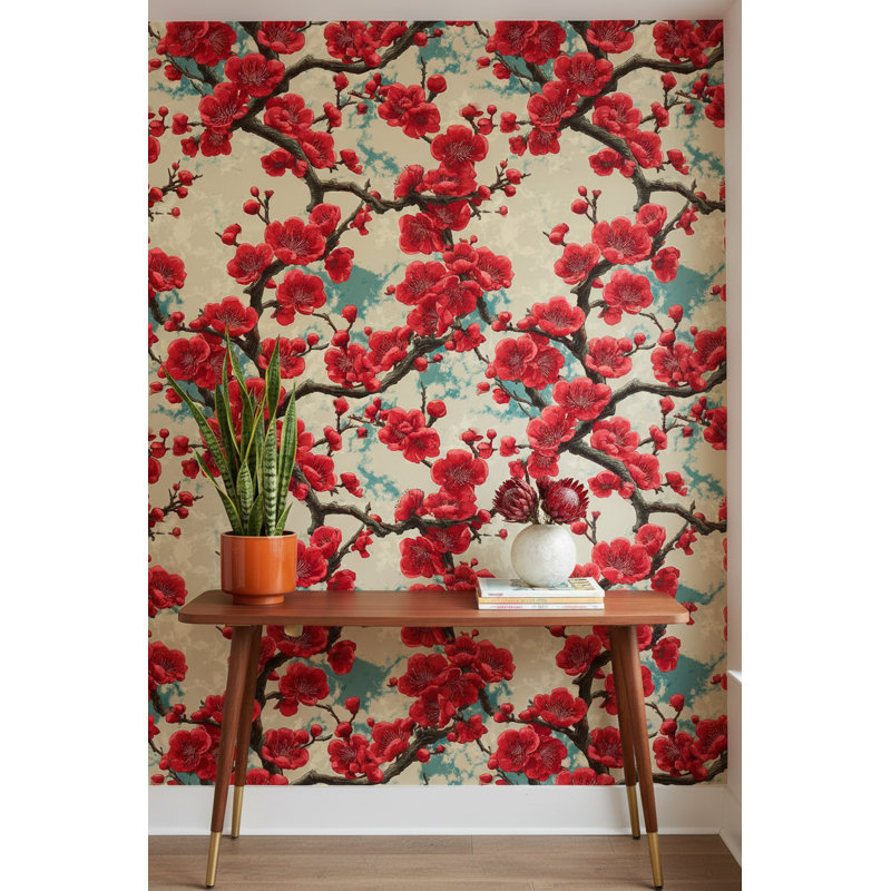 Papier peint floral, décoration murale rétro, rouge
