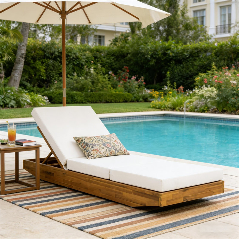 Chaise longue en bois d'acacia avec coussin, Crème