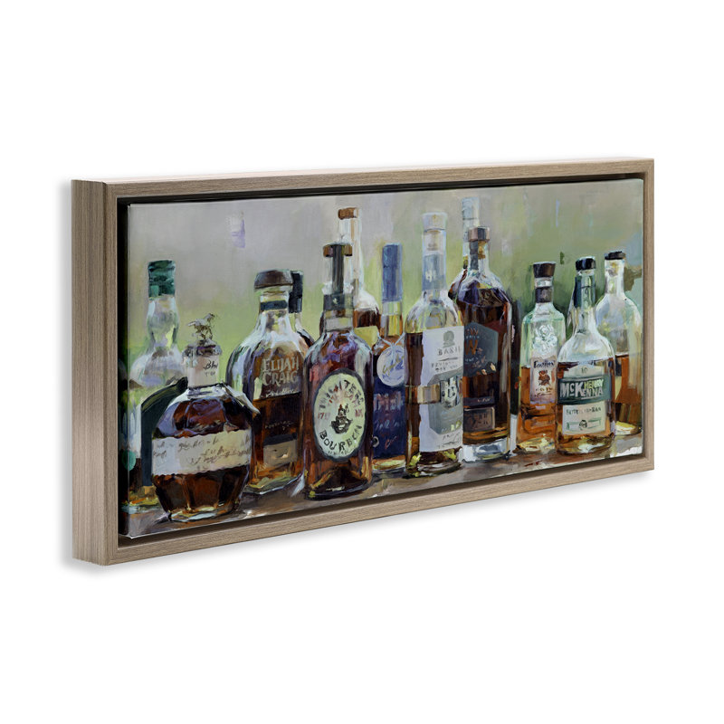 Cadre flottant rétro avec bouteilles de whisky, design par Marilyn Hageman, 11 x 25, Montalcino orme flottant encadré