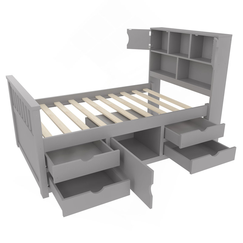 Base de lit plateforme capitaine avec bibliothèques de rangement et tablettes, quatre tiroirs