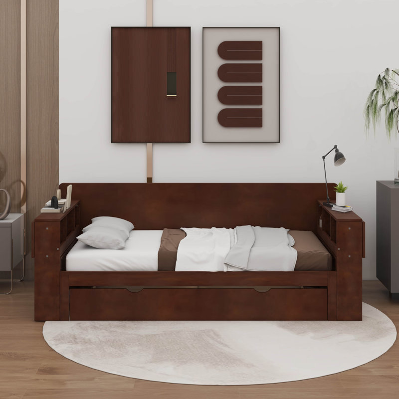 Queen Size Daybed With Desk,Drawers And Hydraulic Side Table, Espresso, Queen