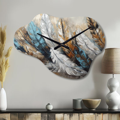 Prashant Gold Feather Extravaganza II - Cloud Glam Feather Metal Clock, Blue Wall Clock Print