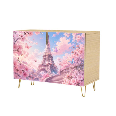 Buffet moderne inspiré de la Tour Eiffel, orné de fleurs de cerisier roses, avec 2 portes de rangement dissimulées. Meuble-la console d'appoint peu encombrant, idéal pour le salon, la cuisine, l'entrée ou le coin café.