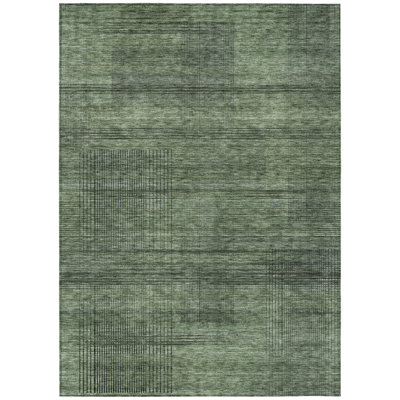 3' X 5' Olive Green And Gray Striped Washable Indoor Outdoor Area Rug