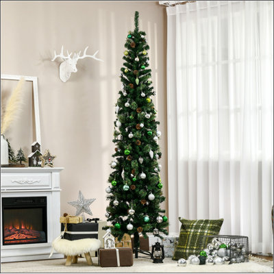 Arbre de Noël artificiel 7,5 pi, aiguilles de pin fines avec branches réalistes, pommes de pin, base en métal, vert