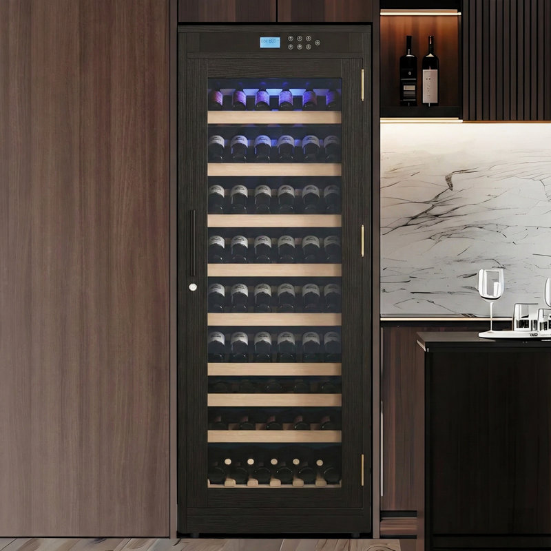 Freestanding Red Oak Wine Cabinet with Embraco Compressor, Humidity Control & UV Glass Door