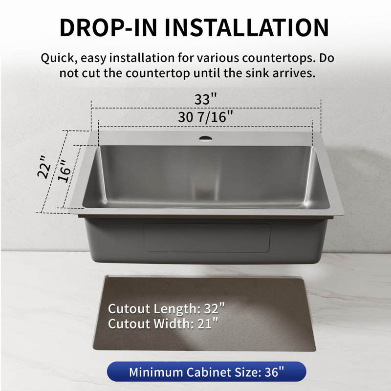 Deervalley 33" L X 22" W Drop-In Single Bowl 18-Gauge Stainless Steel Kitchen Sink With Bottom Grid