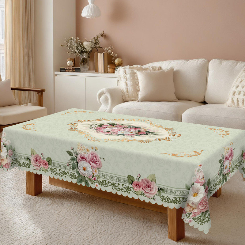 Light green washable polyester tablecloth with pink floral print, 70.8" L x 55.12" W