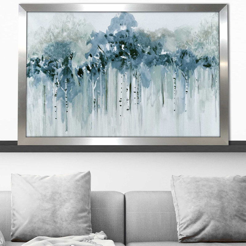 «Blue Birch Morning» par - Peinture, Encadrement argenté, H 21,5 po x l 27,5 po x P 0,75 po