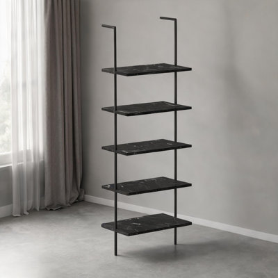 Bibliothèque ouverte en métal noir profond à 5 niveaux, étagère de rangement et de présentation pour le bureau à domicile et la chambre à coucher, style contemporain contemporain