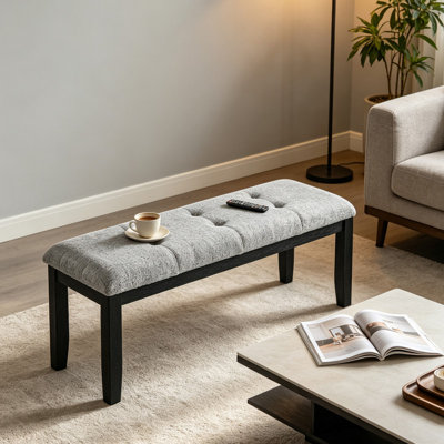 Banc de salle à manger 48,75 po capitonné gris clair, banc rembourré en tissu avec structure en bois d'hévéa noir, banc léger de hauteur standard 19 po pour petite cuisine et salle à manger