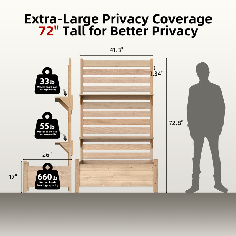 Outdoor Privacy Screen with Planter, 72.8" H x 26" W x 41.3" D, Solid Wood Freestanding Patio Privacy Divider with 2-Tier Shelf, Natural