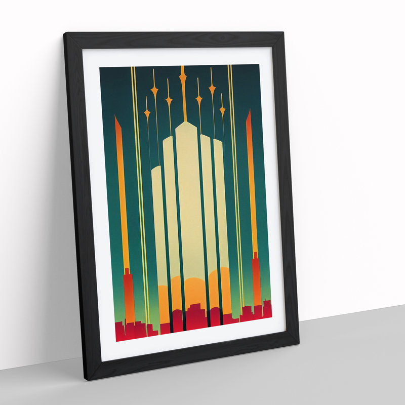 City Skyline In Deco No.3 - Single Picture Frame Print, 64cm H x 46cm W x 2cm D, Black