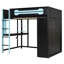 Lit mezzanine double en bois avec bureau, garde-robe ouverte et lumière RVB-902475771