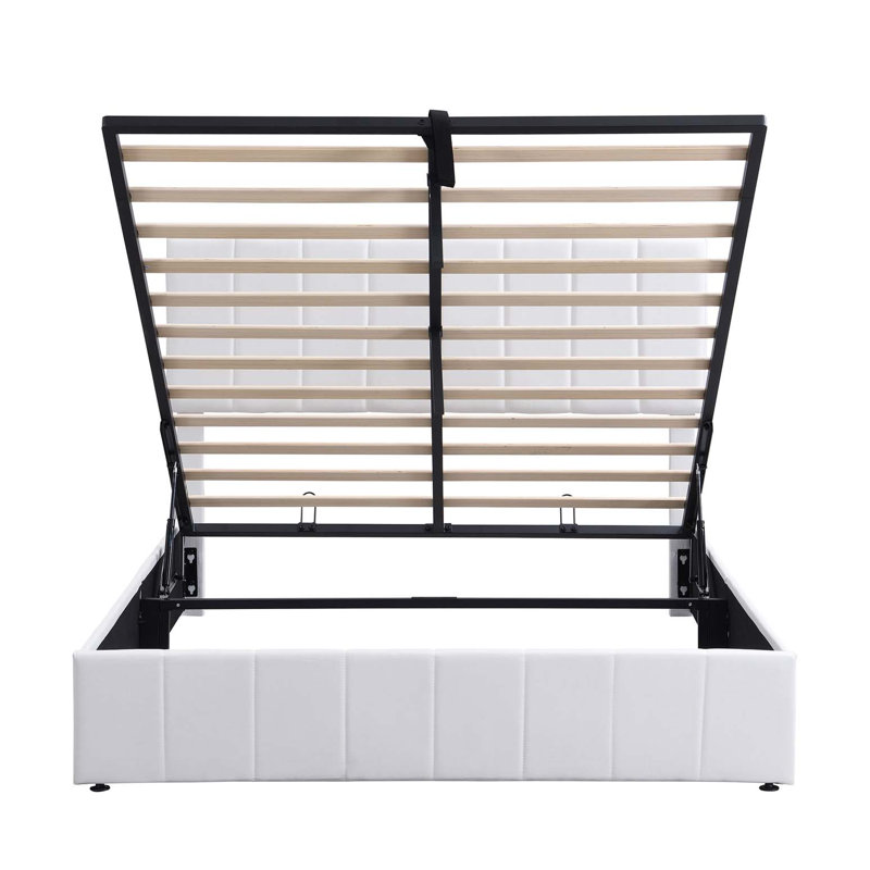 Lit plateforme tapissier avec système de rangement hydraulique, Grand lit, Blanc