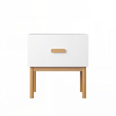 Modern White Nightstand with Drawer and Wood Legs, Minimalist Bedside Table with Handle for Bedroom, Living Room, Apartment