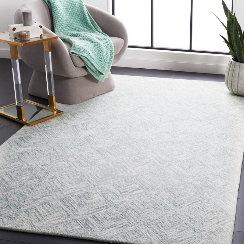 Tapis gris / turquoise en laine / coton touffeté à la main Borreri, Rectangulaire 8 pi x 10 pi
