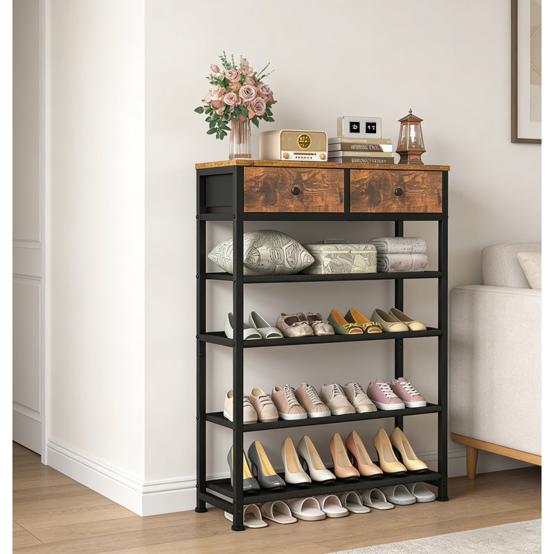 Rustic Style Metal Shoe Rack With Drawer, Black/Brown, 36.2" H x 28.3" W x 11" D