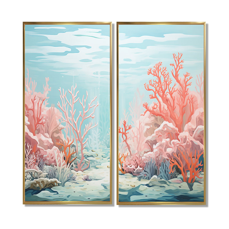 «Coastal Coral Beauty Under Water III» - art mural rose, H 20 po x l 24 po, Impression encadrée flottante, Doré