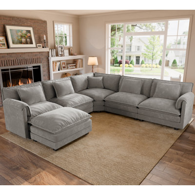  Modular Sectional Sofa, Comfy Cloud Couch With Movable Ottoman, Deep Seat Couch Sofa-Chenille-Gray