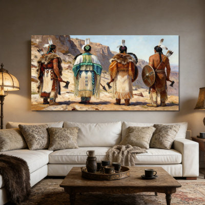 Large Native American Canvas Wall Art, Indian Heritage Painting Poster, Canyon Picture, Feather Wall Decor, Canvas Prints Artwork for Living Room Office Gallery Decoration, Ready to Hang, 28×58 Inches