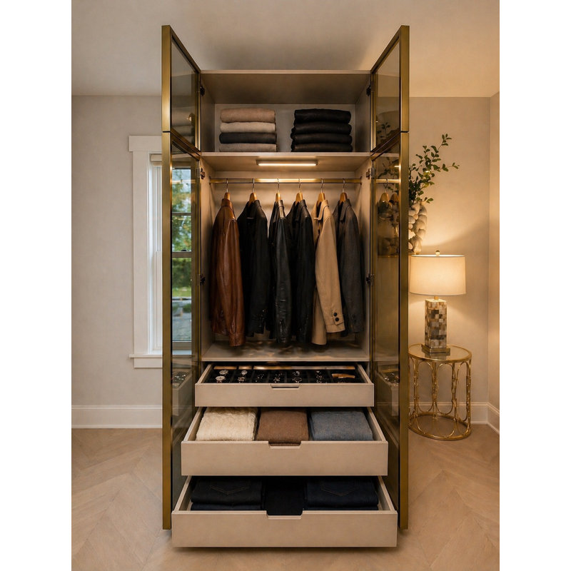 Armoire de luxe à porte vitrée moderne de 93 po de hauteur, 4 portes, 36 po de largeur - armoire à cadre doré