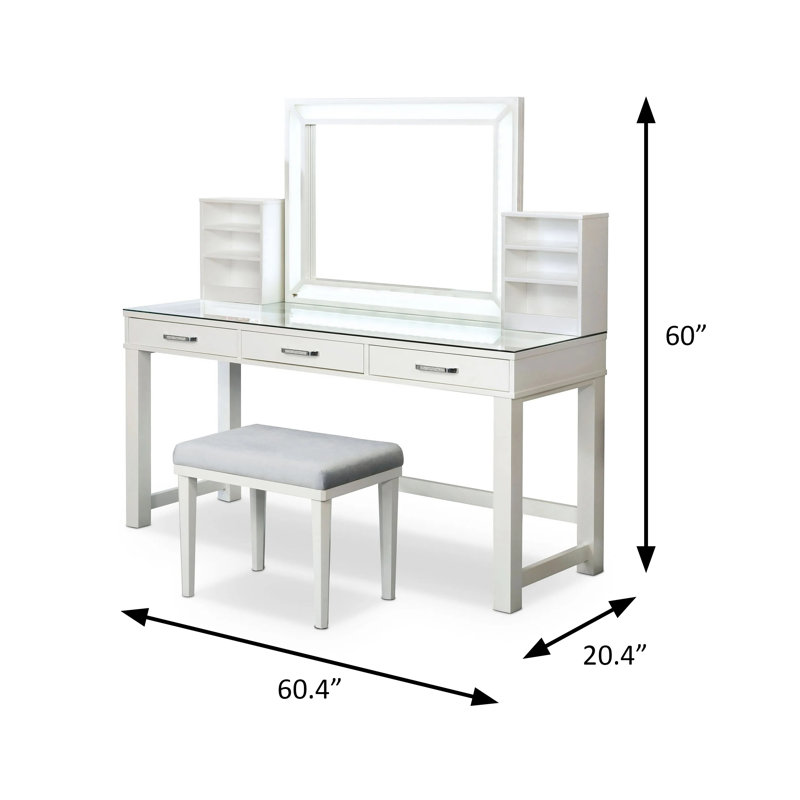 60.4" W Glam Vanity Set, White, White