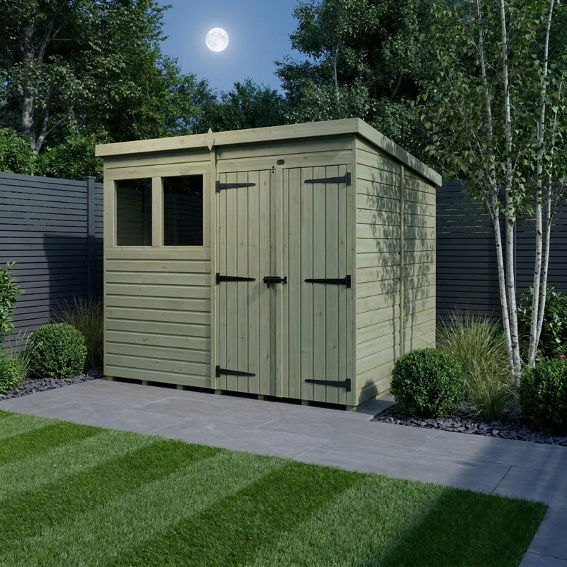Total Sheds 8ft x 8ft Pent Garden Shed - Double Door - With Windows - Pressure Treated Timber - UK Manufactured