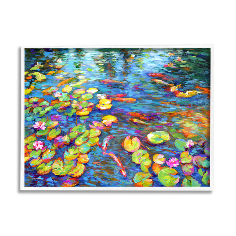 Poisson koi et nénuphars par Leon Devenice, H 11 po x l 14 po x P 1,5 po, Giclée encadrée blanc bord de mer