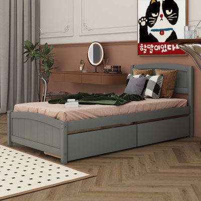 Lit plateforme simple avec 2 tiroirs, lit en bois avec tête et pied de lit, support à lattes de bois