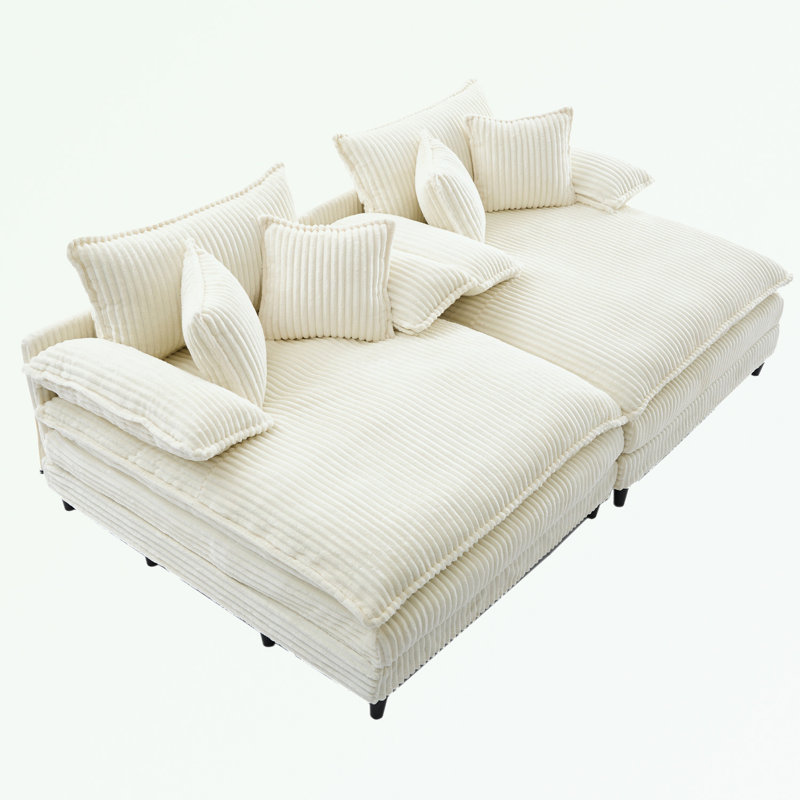 Corduroy Double Lounge Chaise with 4 pillows, Beige Corduroy