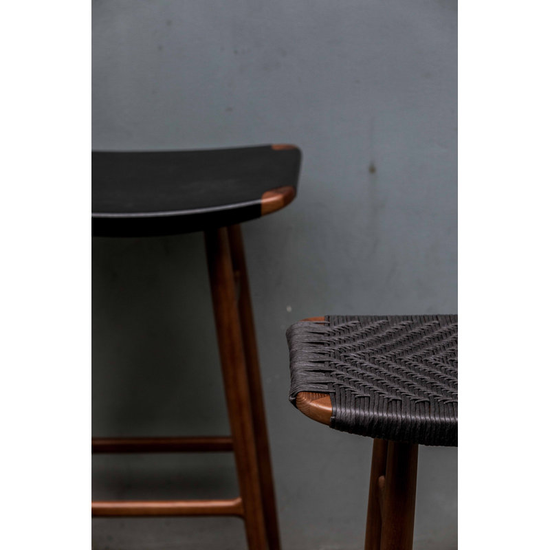 Freja Upholstered Stool with Solid Wood Frame, Natural Walnut, Black Paper Cord