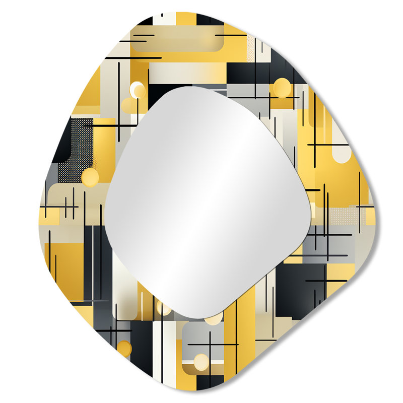 Yellow And Grey Geometric Blocks Harmony III - Geometric Asymmetrical Decorative Mirror, Yellow Irregular Shape Wall Mirror, Printed Metal Art