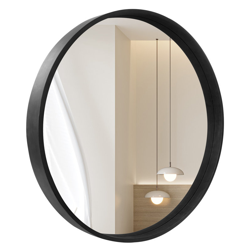28" Walnut Round Mirror with Wood Frame