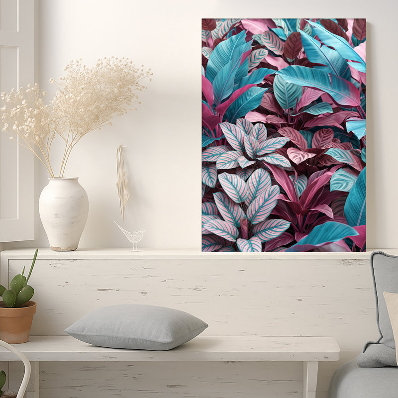 Toile sarcelle et rose avec motif de feuillage tropical, 24"H x 16"W