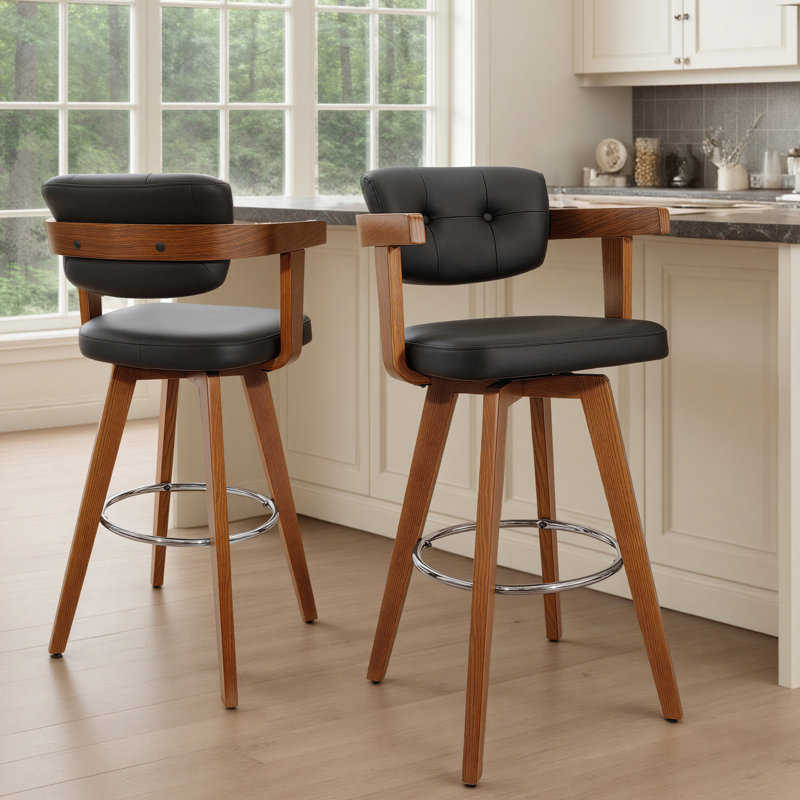 29.9" Mid‑Century Modern Swivel Upholstered Bar Stools Solid Wood Frame with Armrests (Set Of 2), Black