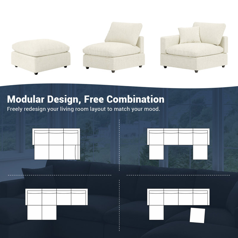 Cloud Couch Modular Sectional Sofa, Deep Seat Convertible Modular Couches For Living Room, Modern Comfy Down Filled Soft Cloud Sectional Sofa With Movable Ottoman