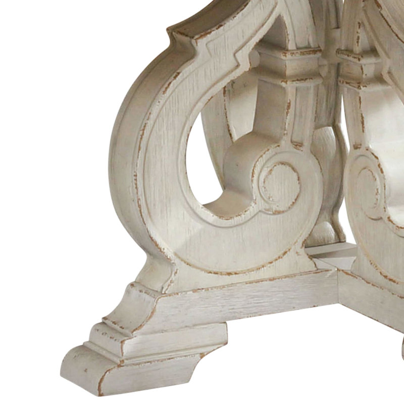 Salle à manger rustique 5 pièces avec table ronde et 4 chaises d'appoint rembourrées, piédestal en bois massif blanc antique, sièges élégants en tissu sculpté complexe, finition, fabrication, détails incrustés