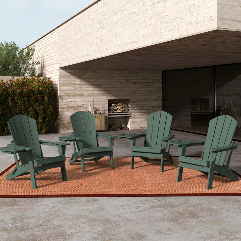 HDPE  Folding Adirondack Chair  with Cup Holder Weather-Resistant, Green